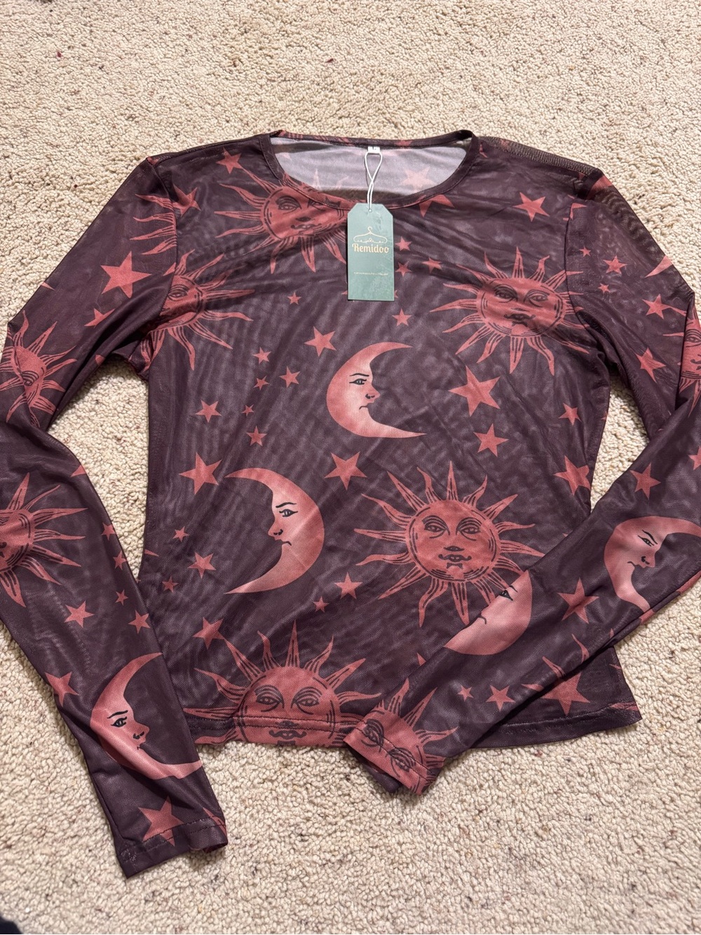Moon & Sun Print Long Sleeve Mesh Top - Burgundy